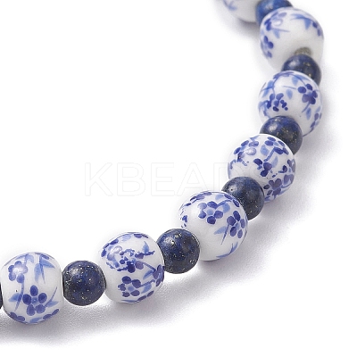Handmade Flower Printed Porcelain Ceramic & Natural Lapis Lazuli Beads Stretch Bracelets for Women BJEW-JB12932-1