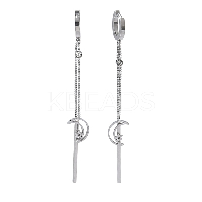 304 Stainless Steel Crystal Rhinestone Moon with Star Tassel Hoop Earrings EJEW-G453-03P-1