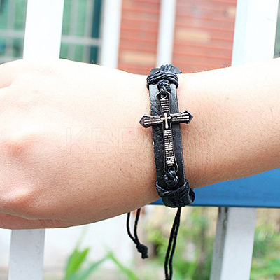 Adjustable Cross with Word Iron Braided Leather Cord Bracelets BJEW-P0001-02B-1