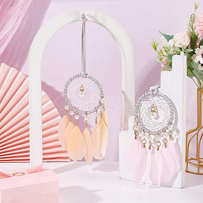 2Pcs 2 Colors Woven Net/Web with Feather Pendant Decorations AJEW-CP0005-26-1