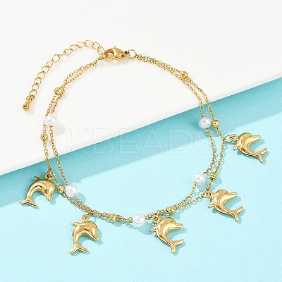 304 Stainless Steel with Acrylic Bead Double Layer Dolphin Charm Anklets for Women AJEW-G069-01G-1