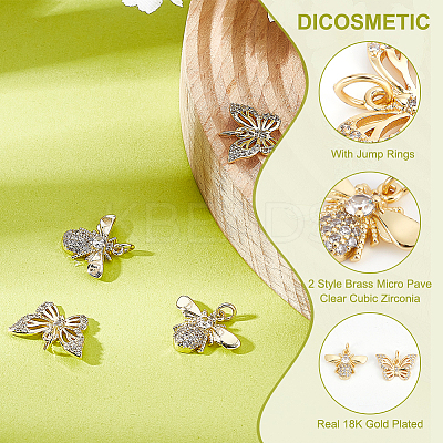 12Pcs 2 Style Brass Micro Pave Clear Cubic Zirconia Charms KK-DC0001-90-1