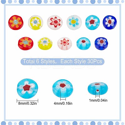 180Pcs 6 Colors Handmade Millefiori Glass Flat Round Bead Strands FIND-SC0003-60-1