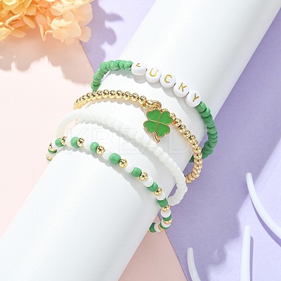 4Pcs 4 Style Word Lucky Acrylic & Glass Seed & Brass Beaded Stretch Bracelets Set BJEW-TA00312-1