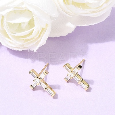 Cross Brass Micro Pave Clear Cubic Zirconia Stud Earrings EJEW-C186-18G-02-1