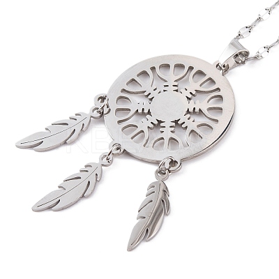 Non-Tarnish Woven Net/Web with Feather 201 Stainless Steel Boho Pendant Necklaces for Women NJEW-G087-08P-1