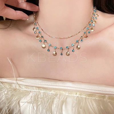 Alloy Indicolite Rhinestone Shell Shaped Tassel Double Layer Necklaces for Women FS-WG859AA-01-1