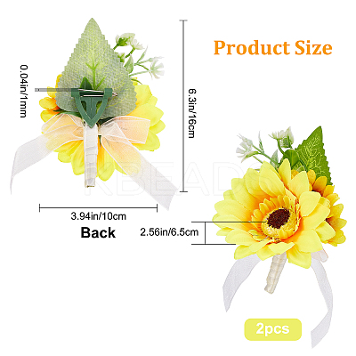 2Pcs Artificial Silk Sunflower Boutonniere Brooch JEWB-CP0001-01-1