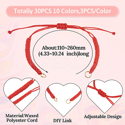 30Pcs 10 Styles Adjustable Waxed Polyester Cord Bracelet Making AJEW-TAC00051-1