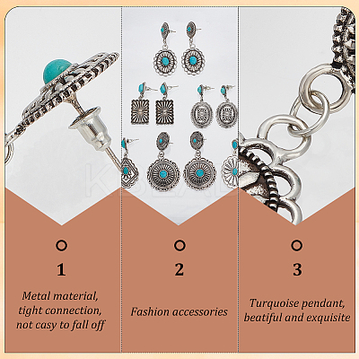 6 Pairs 6 Style Rhombus & Rectangle & Oval Synthetic Turquoise Dangle Stud Earrings EJEW-AN0001-05-1