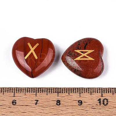 25Pcs Natural Red Jasper Heart Rune Stones with Elder Futhark Alphabet Engraved G-T144-02F-1