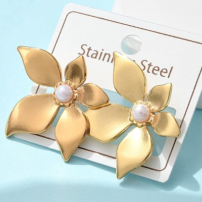 304 Stainless Steel & ABS Plastic Imitation Pearl Flower Stud Earrings EJEW-S253-23G-1