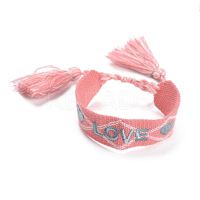 Word Love Polycotton(Polyester Cotton) Braided Bracelet with Tassel Charm BJEW-F429-06-1