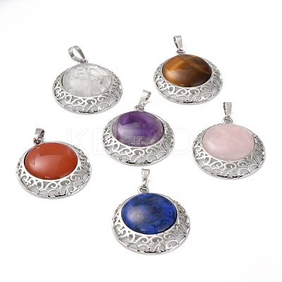Mixed Gemstone Pendants with Hollow Platinum Brass Findings G-P448-A-1