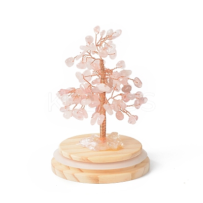 Natural Rose Quartz Chips Money Tree in Dome Glass Bell Jars with Wood Base Display Decorations DJEW-B007-04B-1