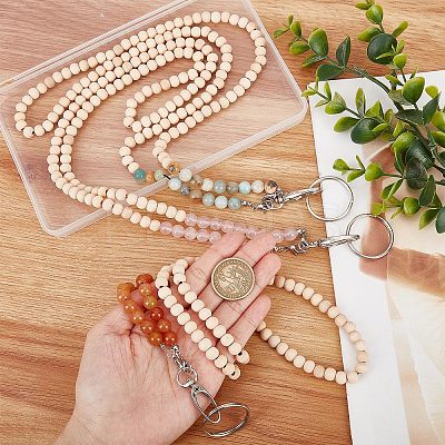 3Pcs 3 Style Natural Rose Quartz/Flower Amazonite/Red Aventurine & Wood Beaded Name Card Holder HJEW-SC0001-27-1