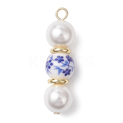Handmade Blue Flower Printed Porcelain & Shell Pearl Pendants PALLOY-JF04785-1