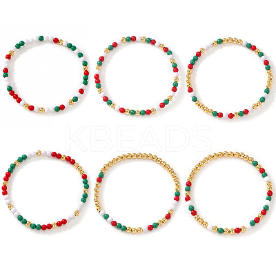 6Pcs Christmas Round Glass & Brass Beaded Stretch Bracelet Sets HE1918-1-1
