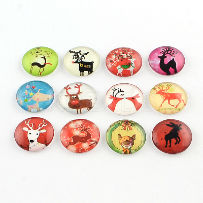 Half Round/Dome Christmas Reindeer/Stag Pattern Glass Flatback Cabochons for DIY Projects GGLA-Q037-12mm-39-1