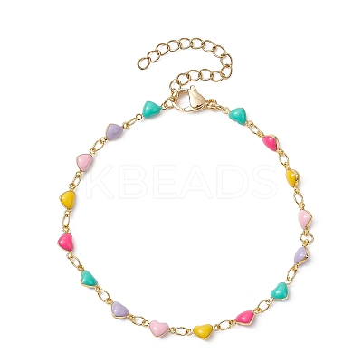 Real 18K Gold Plated Brass Enamel Heart Link Chain Bracelets BJEW-JB09841-1