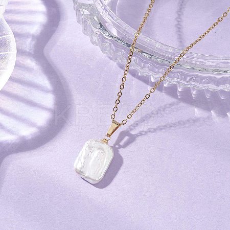 Natural Baroque Pearl Keshi Pearl Rectangle Pendant 304 Stainless Steel Cable Chain Necklaces NJEW-JN05891-1