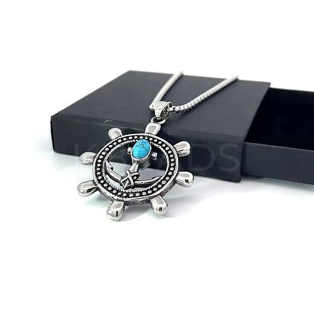 Navy Style Stainless Steel Pave Synthetic Turquoise Helm Pendant Necklaces TO0152-1