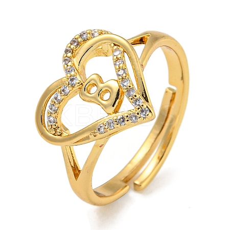 Heart with Letter Rack Plating Brass Micro Pave Clear Cubic Zirconia Adjustable Rings for Women RJEW-I105-01G-B-1