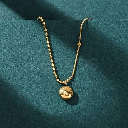 304 Stainless Steel Flat Round with Word Lucky Pendant Ball Chain Necklaces for Women NJEW-K255-45G-1