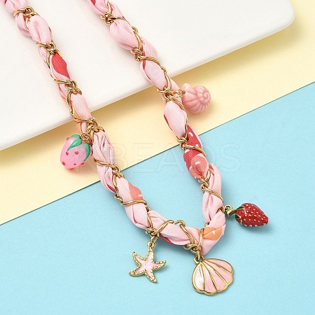 Starfish Strawberry Shell Shape 304 Stainless Steel Enamel & Handmade Lampwork Pendant Necklaces NJEW-D344-02G-1