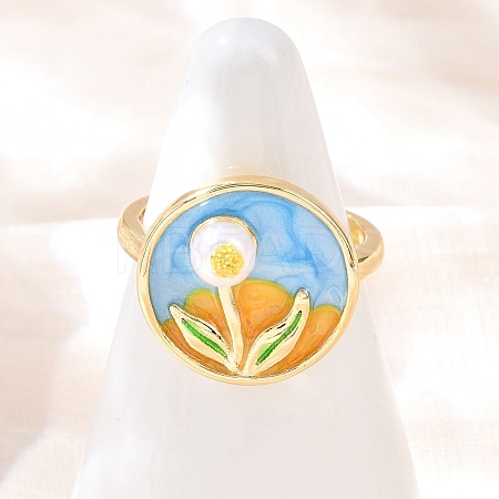 Brass Sky Blue Enamel Flower Cuff Rings RJEW-C139-17C-G-1