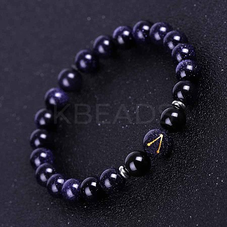 Sagittarius Round Synthetic Blue Goldstone & Natural Black Onyx(Dyed & Heated) Stretch Bracelets for Women Men EA3132-10-1