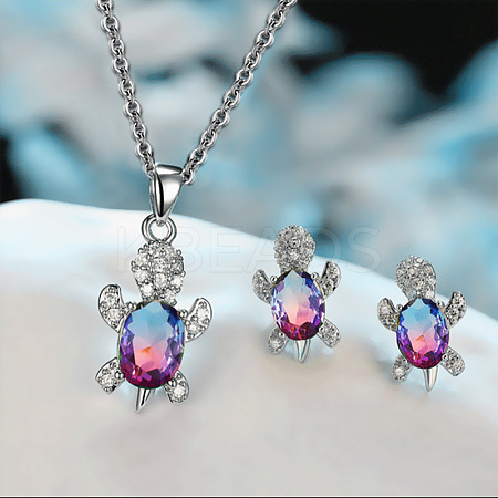 Tortoise Alloy Rhinestone & Glass Pendant Necklaces & Stud Earrings Sets FS-WG4B54D-06-1