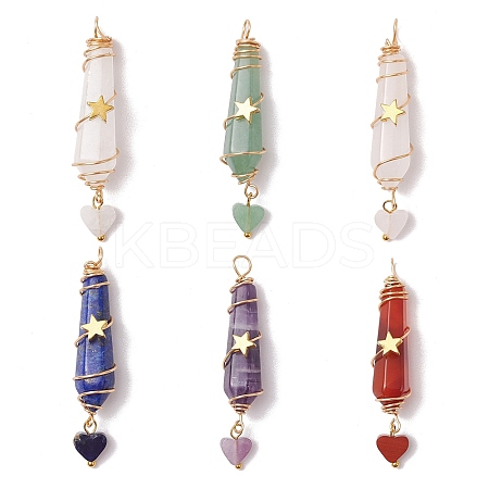 6Pcs 6 Styles Natural Carnelian & Green Aventurine & Rose Quartz & Quartz Crystal & Lapis Lazuli & Amethyst Copper Wire Wrapped Faceted Bullet Heart Pendants PALLOY-JF03482-01-1