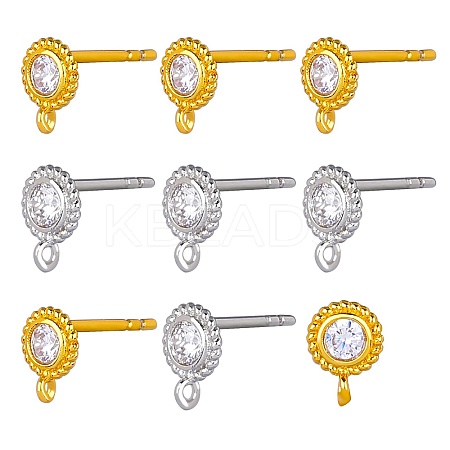 8 Pair 2 Color Flat Round Brass Micro Pave Cubic Zirconia Stud Earring Findings ZIRC-SZ0005-03-1