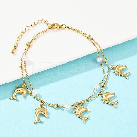 304 Stainless Steel with Acrylic Bead Double Layer Dolphin Charm Anklets for Women AJEW-G069-01G-1