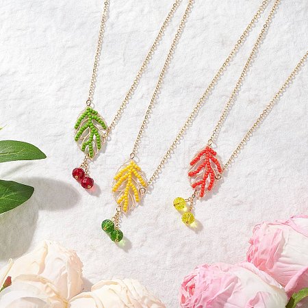 3Pcs 3 Colors Handmade Glass Seed Beaded Leaf Shape Pendants Brass Cable Chain Necklaces for Women NJEW-MZ00127-1