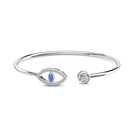 Evil Eye Rhodium Plated 925 Sterling Silver Micro Pave Cubic Zirconia Cuff Bangles for Women BJEW-C062-02P-1