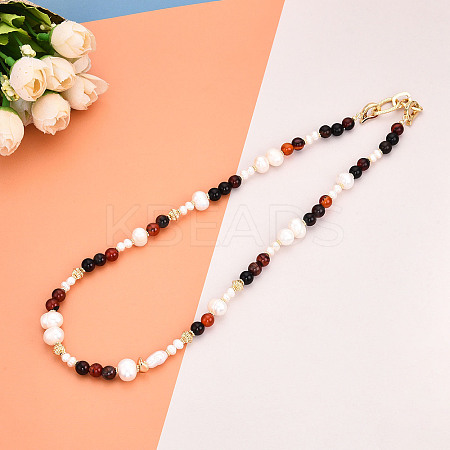 Natural Pearl & Agate & Crystal Round Beaded Necklaces NJEW-N056-01G-1