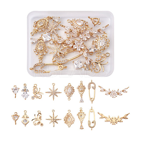 Beadthoven 16 Pcs 8 Styles Brass Micro Pave Cubic Zirconia Links Connectors & Pendants KK-BT0001-08-1