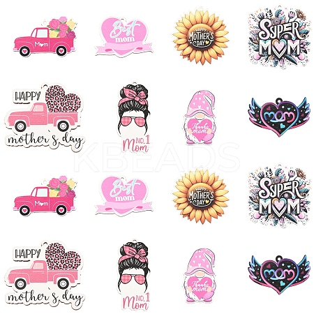 16Pcs 8 Styles Momther's Day Wooden Pendants WOOD-FS0001-38-1