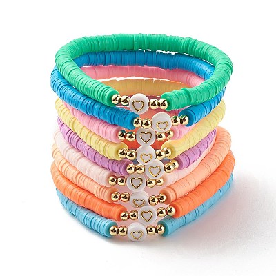 Handmade Polymer Clay Heishi Beads Stretch Bracelets Set with Heart Patter Beads for Women BJEW-JB07450-1
