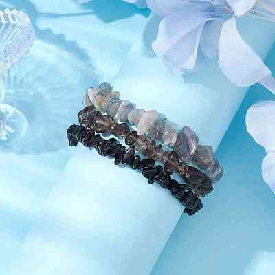 3Pcs Natural Smoky Quartz & Natural Obsidian & Natural Labradorite Chip Beaded Stretch Bracelet Sets BJEW-JB10860-1