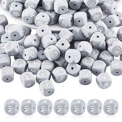 20Pcs Grey Cube Letter Silicone Beads 12x12x12mm Square Dice Alphabet Beads with 2mm Hole Spacer Loose Letter Beads for Bracelet Necklace Jewelry Making JX436S-1