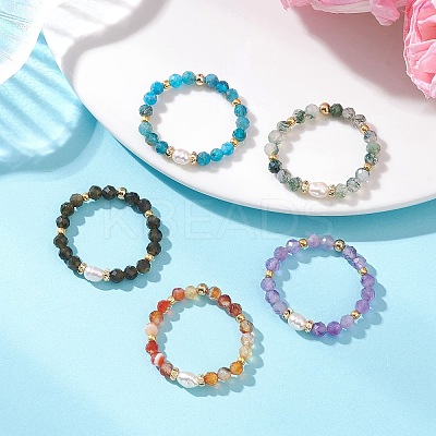 Natural Cultured Freshwater Pearl and Gemstone Finger Rings RJEW-JR00970-1