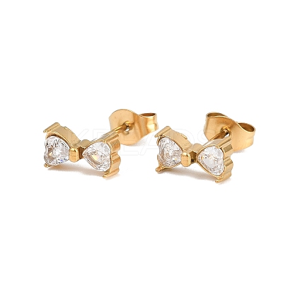 Bowknot 304 Stainless Steel Clear Cubic Zirconia Stud Earrings LS-EJEW-G448-01G-1