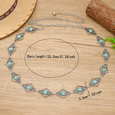 Alloy & Iron & Synthetic Turquoise Flower Link Chain Waist Belly Chains for Women FS-WG44F02-01-1