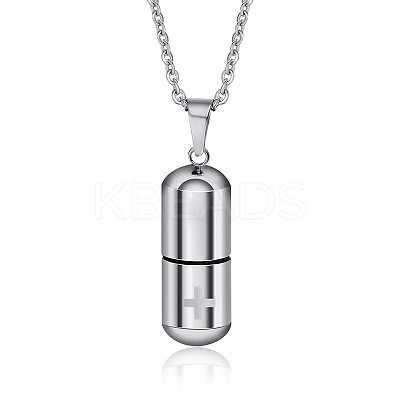 Non-Tarnish 316L Stainless Steel Pill with Cross Urn Ashes Pendant Necklace with Cable Chains BOTT-PW0001-010P-1