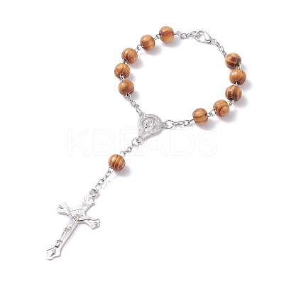 Religious Prayer Pine Wood Beaded Rosary Bracelet BJEW-O140-02P-1