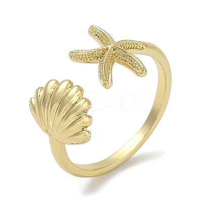 Shell Shape & Starfish Rack Plating Brass Cuff Finger Rings for Women RJEW-C114-07G-1