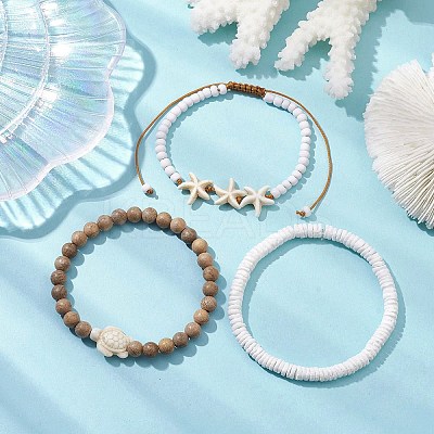 3Pcs 3 Styles Tortoise Round Wood & Disc Sea Shell Beaded Stretch Bracelet Sets BJEW-JB10311-1
